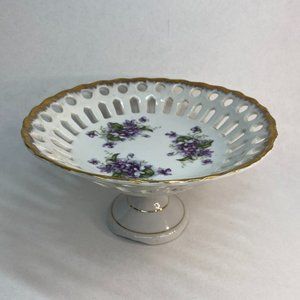 Vintage Violet Reticulated Porcelain Pedestal Candy Dish Japan